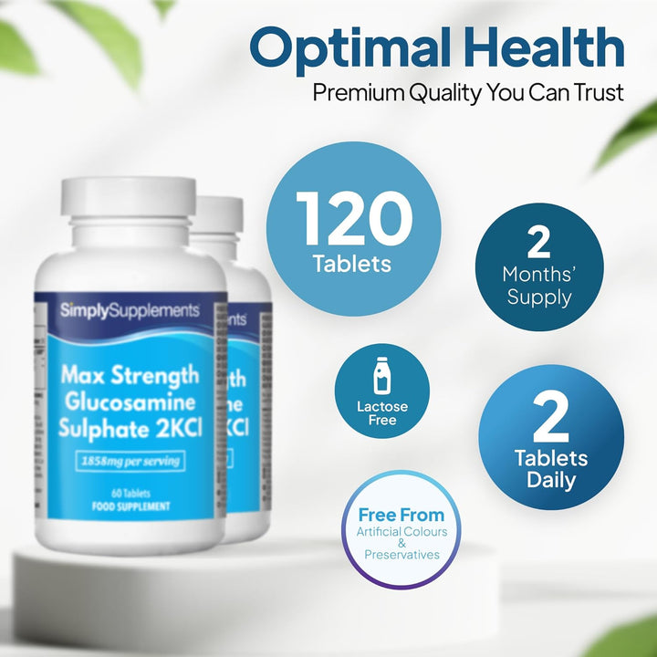 Max Strength Glucosamine Sulphate 2Kcl | Supports Active Lifestyles | 1858Mg per Serving | Marine Sourced | 120 Tablets = 2 Months’ Supply | Manufactured in the UK in Accordance with GMP Standards