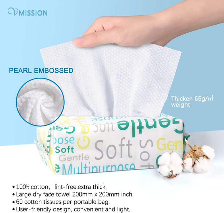 Face Towel 120 Counts, Cotton Tissue Dry Face Wipes for Women, Unscented and Ultra Soft Disposable Face Towel, Cotton Dry Baby Wipes , Make up Removing Thickening for Sensitive Skin 20X20Cm