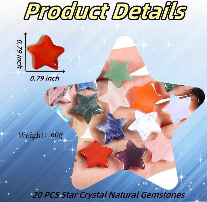 20 Pcs Crystals and Gemstones Star Healing Crystals Set Reiki Chakra Protection Polished Stones Meditation Energy Balancing Crystal