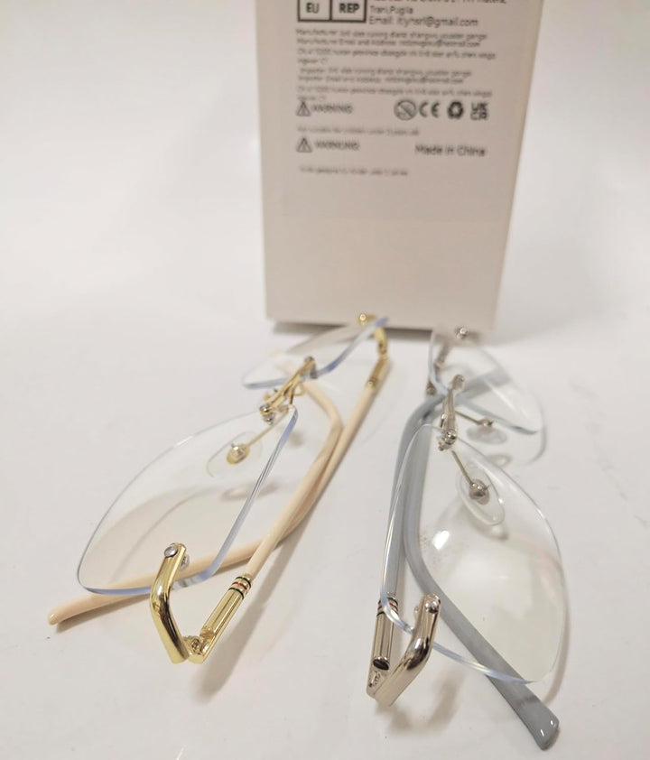 Eyewear Glasses Frameless Fashion, Gold Silver Non-Prescription Clear Lense Fake Glasses for Women and Men 2 Pack