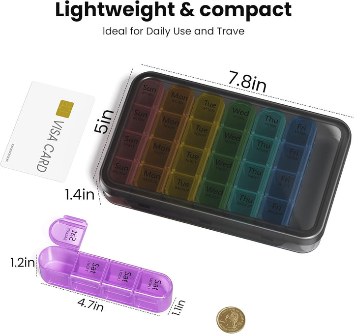 Pill Box Organiser 4 Times a Day,  Weekly Pill Boxes, 7 Day Tablet Organiser, Daily Pill Dispenser 7 Day 4 Compartments, Tablet Box for Medication, Vitamins and Supplements (Black)