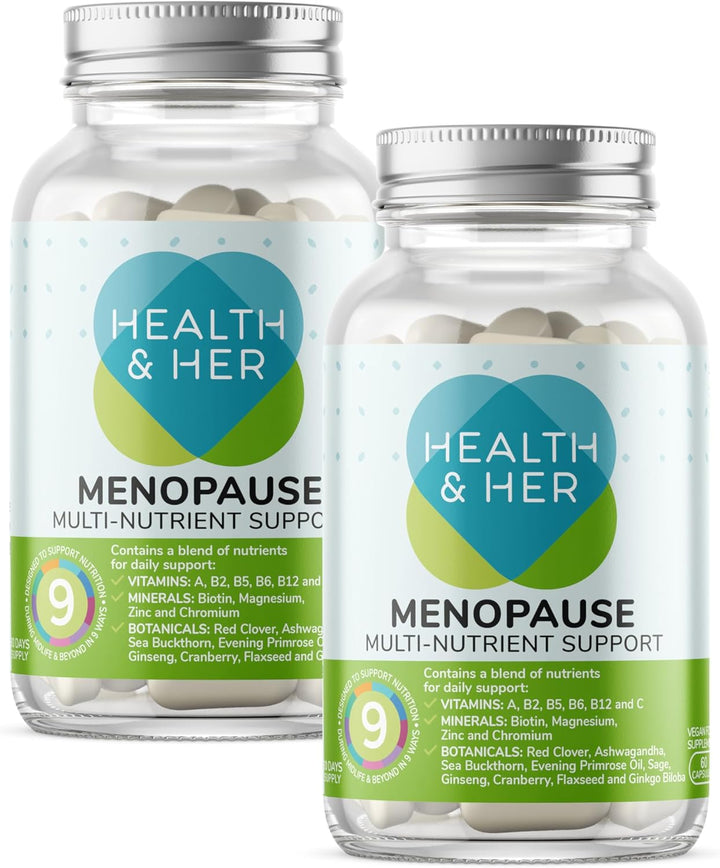 Health & Her Menopause Supplements for Women - Multi-Nutrient Wellbeing Support - Wellbeing for Menopause - 1 Month Supply, 60 Capsules - Vegan