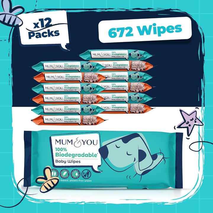Mum & You Baby Wipes Multipack - 672 Biodegradable Wet Wipes (12 Packs) | 99.4% Water. Ideal for Sensitive Newborn Skin | Baby Wipes Bulk, Bum Wipes, Wet Tissue, Eco-Friendly Wet Wipes Baby