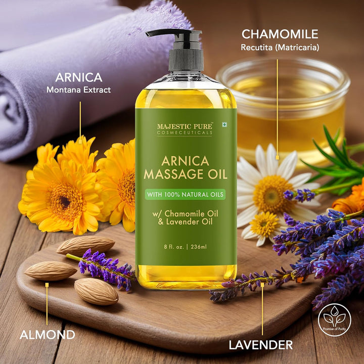 Arnica Sore Muscle Massage Oil for Massage Therapy - Natural Oil with Lavender and Chamomile Essential Oils - Multipurpose Instant Absorption Full Body Massage Oil - 8 Fl. Oz.