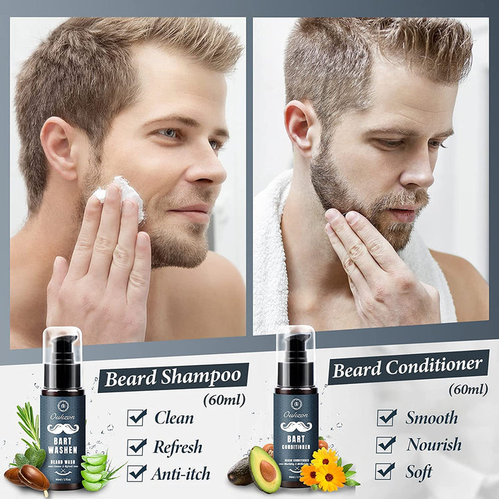 Beard Grooming Kit for Men, 10 in 1 Beard Trimming Gift Set with Beard Shampoo, Beard Conditioner, Beard Oil, Balm, Beard Comb,Brush, Scissors, Beard Shaper and Storage Bag -Mens Beard Growth Care Set