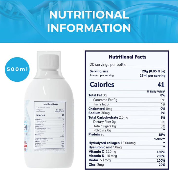 - High Strength Marine Collagen Liquid - Skin, Hair, Nails & Joints - 10,000Mg Hydrolysed Peptide Food Supplement Drink - Hyaluronic Acid, Biotin, Vitamins C and D - Mixed Berry Flavour