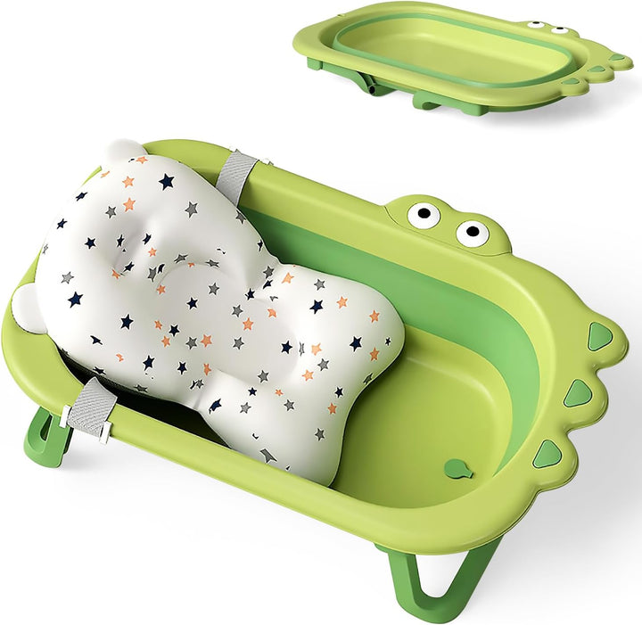 Baby Crocodile Bathtub,Foldable Bath Tub Collapsible Bathtub with Baths Support Cushion Pad Seat Mat, Baby Bath Essentials for Newborn, Anti-Slip Infant Tubs Soft Bathing for 0-3 Years
