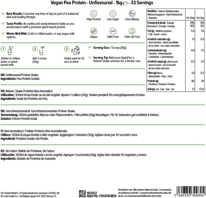Protein Works - Vegan Pea Protein, Unflavoured, Premium Vegan Protein, Pea Protein Isolate, 24G Protein per Serving, Low Fat, Low Carbs, 100% Plant-Based & Natural, 33 Servings, 1Kg