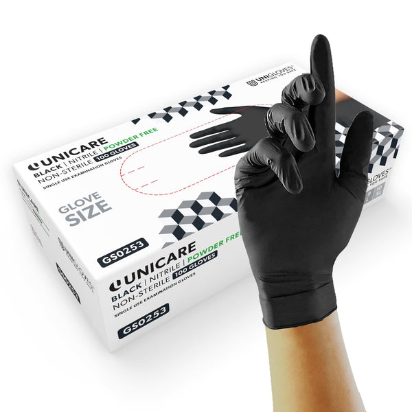 Unicare Nitrile Examination Disposable Gloves - Multipurpose, Powder Free, Medical Gloves - Box of 100 Gloves, Black, Medium (GS0253)