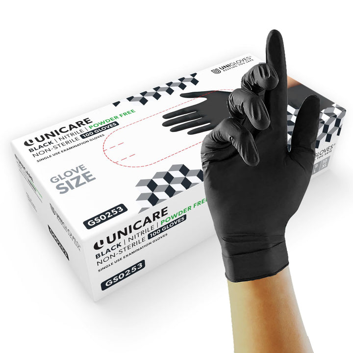 Unicare Nitrile Examination Disposable Gloves - Multipurpose, Powder Free, Medical Gloves - Box of 100 Gloves, Black, Medium (GS0253)