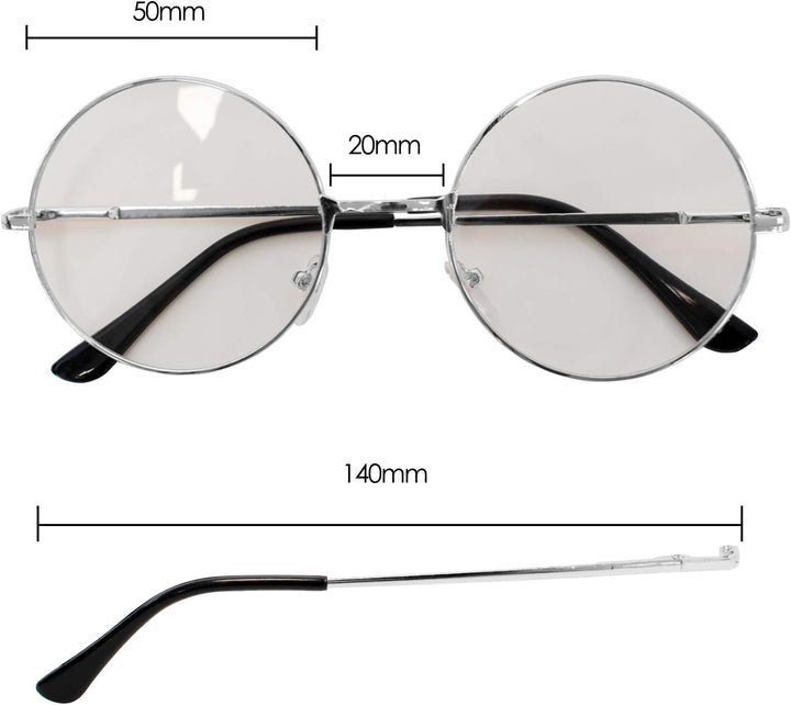 - round Glasses Unisex, Wizard Costume - Retro Sixties Style Clear Lens, round Wire Costume Geek Glasses Accessories for Dress Up, Classic Vintage Design Spectacles