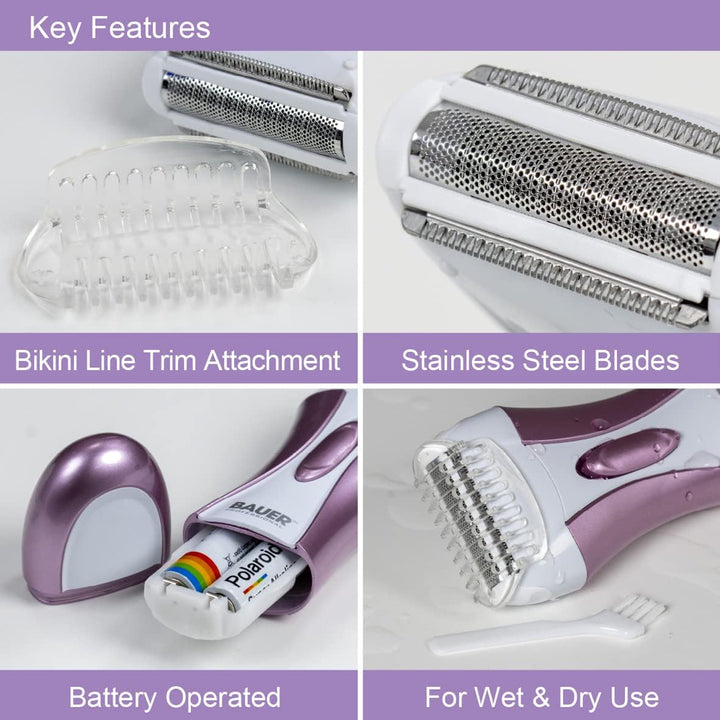38730 Soft and Smooth Lady Shaver / Painless Hair Removal / Arms, Legs and Bikini Trimmer / Battery Operated / Wet and Dry Shave / Bikini Trimmer Attachment / Stainless Steel Blades