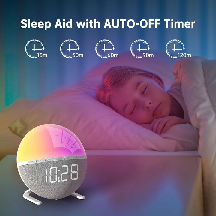 Sunrise Digital Alarm Clock, Wake up Light with Sunrise Simulation, Sunlight Alarm Clock Multicolor Bedside Lamps, Snooze, 9 Colors Night Light, 7 Ringtones, Sleep Aid, Gift for Kids, Adults