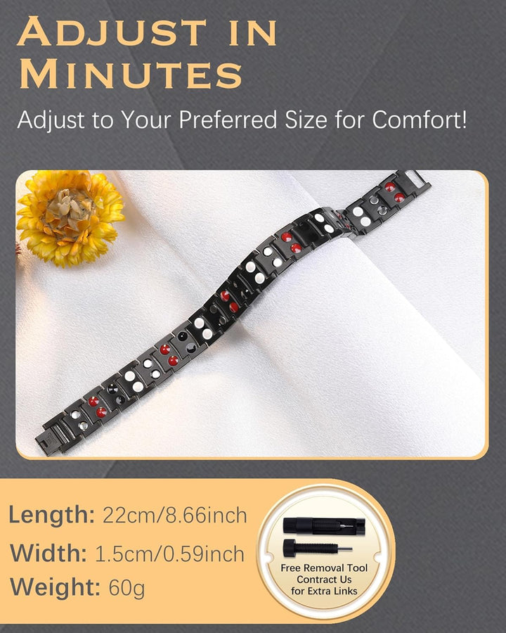 Titanium Steel Magnetic Bracelets for Men,4 Element Double Row Strength Magnets Wristband Magnetic Brazaletes with Free Links Removal Tool & Jewelry Gift Box