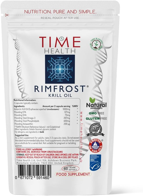 RIMFROST® Antarctic Krill Oil | Ultra Rich Omega-3 Including DHA/EPA Phospholipids & Astaxanthin | 60 Softgel Capsules | Fast Absorption & Highly Efficient | No Aftertaste | Sustainable