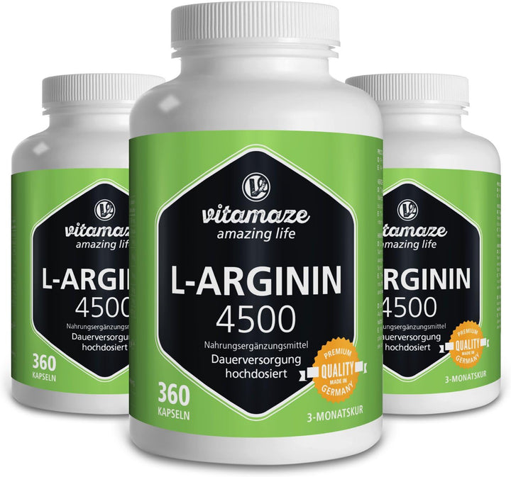 L-Arginine High Strength 4500 Mg per Daily Dosage - 360 Capsules of 750 Mg - Sport Performance Booster - Natural Supplement of Pure L Arginine without Additives, German Quality- Vitamaze
