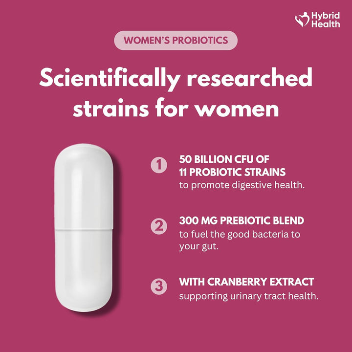 Probiotics for Women | 120 Vegan Capsules | 50 Billion CFU Womens Probiotics for Gut Health | 11 Probiotic Researched Strains with Prebiotics & Cranberry Extract | Vegan Non-Gmo