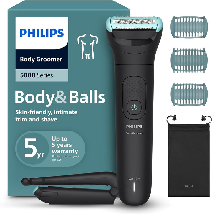 Body Groomer 5000 Series - Trimmer for Men with Triple Protect Shave System, Intimate Trim & Shave, Foldable Back Attachment, 100% Showerproof, 100 Min. Runtime, Model BG5480/15