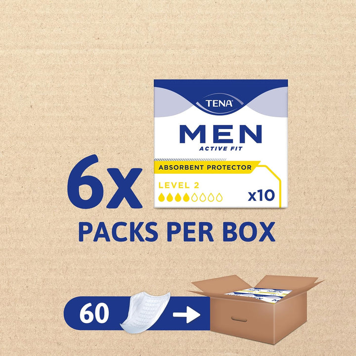 Men Absorbent Protector Incontinence Pads, Level 2, 60 Incontinence Pads (10 X 6 Packs) for Men of All Ages, Cup-Shaped for Medium Bladder Weakness, Urine Leakage and Drips