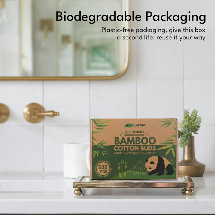 Bamboo Cotton Buds - 500 Eco Friendly Bamboo Earbuds Cotton Swabs - Plastic Free Baby Cotton Buds Biodegradable - Ear Buds for Makeup, Crafts, Cleaning, & Baby Hygiene, White