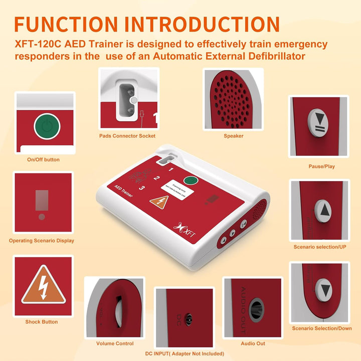 AED Trainer, Portable Defibrillator Trainer Set CPR Training Device with Remote Control, English and German Voice Prompts, 10 Different Scenarios, First Aid Defibrillator Trainee Beginner ( 120C)