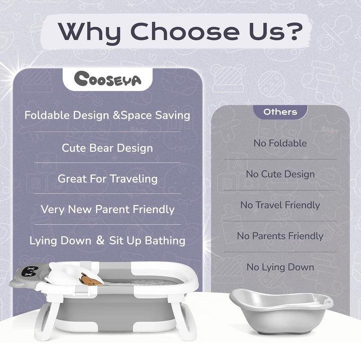 Baby Bath Tub Foldable, Baby Bathtub Collapsible Essentials for Newborn with Soft Cushion (0-18Months), Baby Shower for Infant to Toddler Gift Portable Space-Saving Travel,Grey