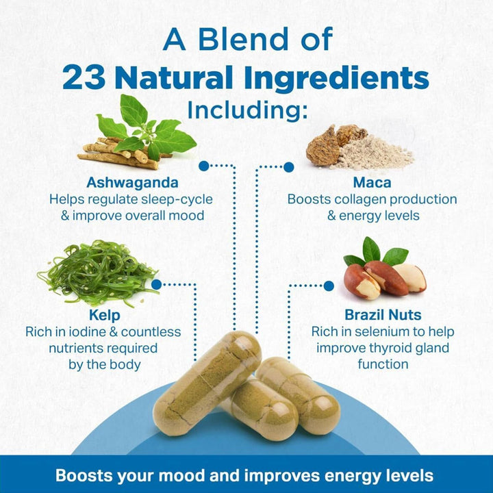 Natural Thyroxine, Thyroid Support Supplement for Better Mood and Energy, Hormone Balance for Women and Men, Rich in Maca Root, Kelp, Ashwagandha and Brazil Nuts, 1000Mg, 60 Capsules