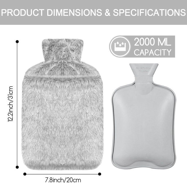 Hot Water Bottle with Luxury Cosy Faux Fur Cover UK, 2L Leakproof Hot Water Bag for Neck, Shoulder Pain and Hand Feet Warmer (Grey)