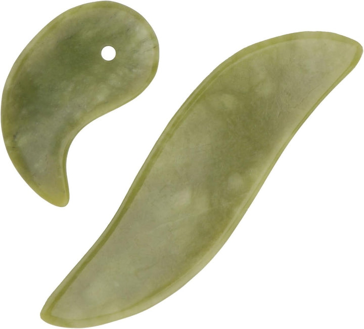 2Pcs Natural Jade Gua Sha Board Set, Face Massage Plates 5.8X3.4Cm 11.3X3.2Cm, Green Jade Facial Scraping Tool for Skin Sculpting and Relaxation