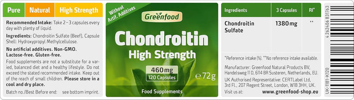 Chondroitin, 460 Mg, High Dose, 120 Capsules - High Bioavailability. without Artificial Additives, without Genetic Engineering.
