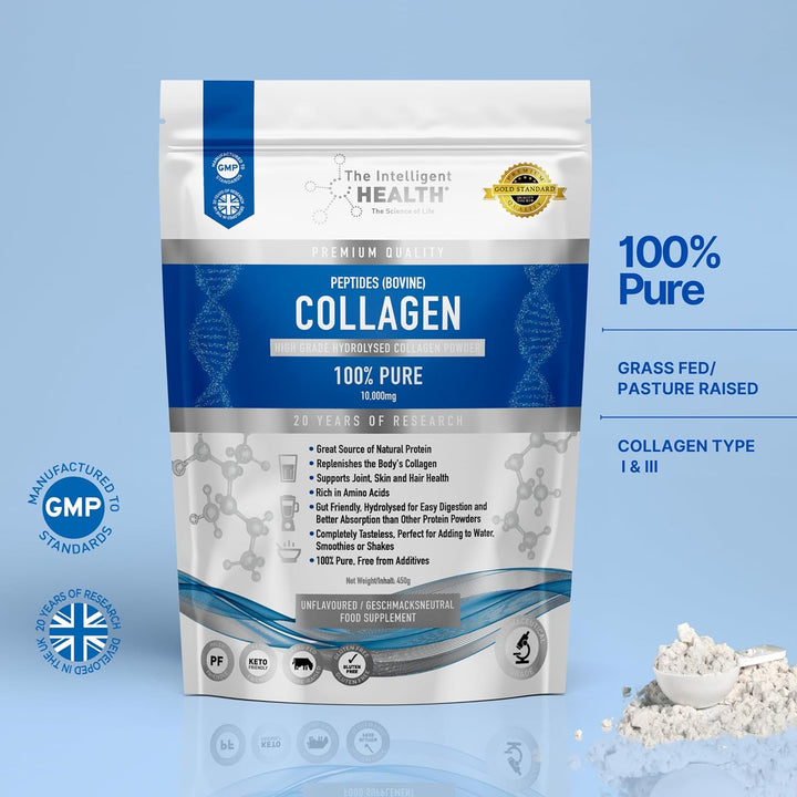 Collagen Powder 450G | Pure Hydrolysed Collagen Peptides Type I & III | 45 Servings, 10G Protein | Grass-Fed Bovine | for Women & Men | Unflavoured, Gluten Free, Keto & Paleo
