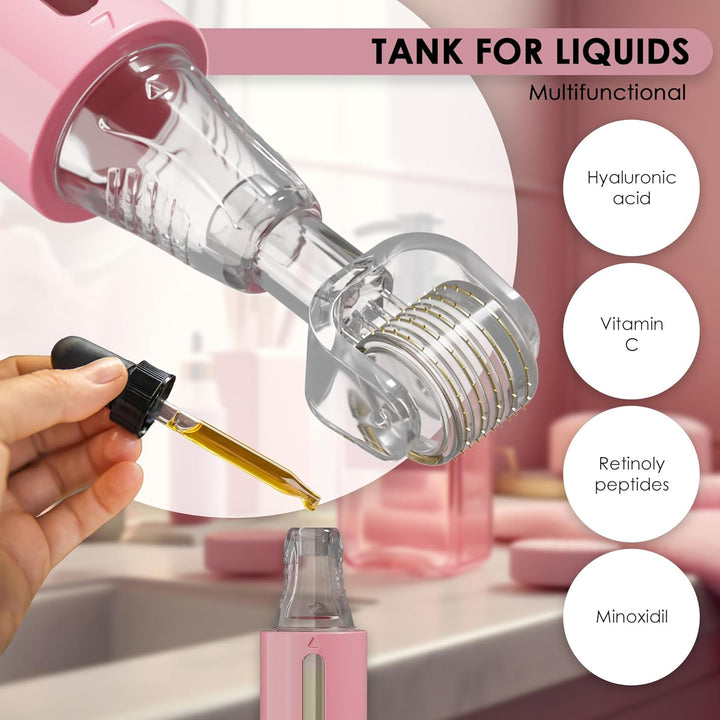 Derma Roller with Reservoir for Skin, Hair, Wrinkles, Stretch Marks, Hyperpigmentation INSTANT SERUM APPLICATION, 105 Titanium Needles 0.5 Mm