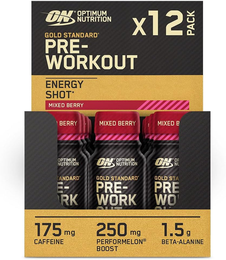 Gold Standard Pre-Workout Energy Shot, Ready to Drink Food Supplement with Beta Alanine, Caffeine, Performelon Boost and Vitamin B6 and B12, Lemon Lime Flavour, 12-Pack, 12 X 60 Ml
