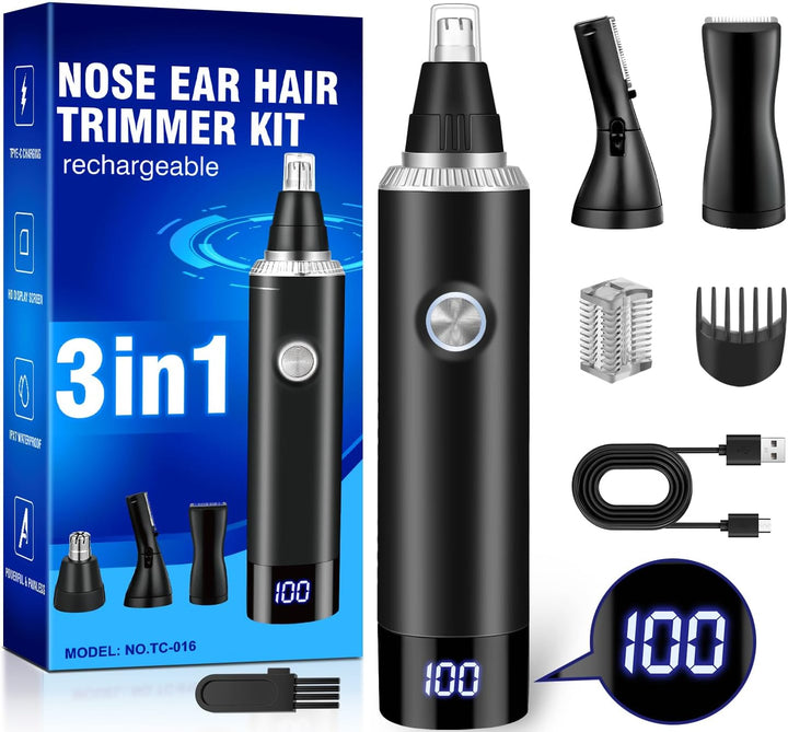 Rechargeable Nose Hair Trimmer for Men and Women, 3-In-1 Professional Painless Eyebrow and Facial Hair Trimmer, IPX7 Waterproof Nose Trimmer Men with Dual Edge Blades,Eyebrow Trimmer