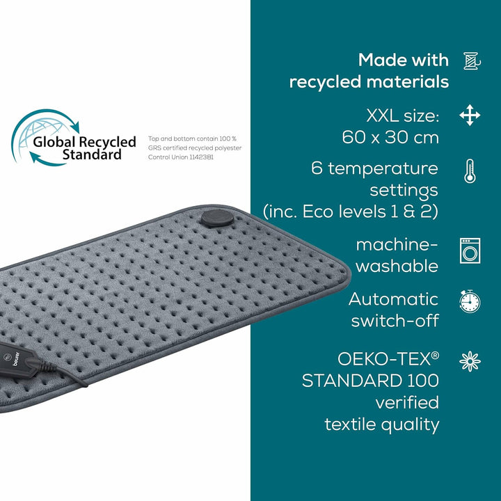 HK123 Green Planet Heating Pad, Made in Europe, Top and Bottom Made from 100% Recycled Material, Cuddly Soft, 60 X 30 Cm, 6 Temperature Levels and Automatic Shut-Off, Machine Washable, Grey