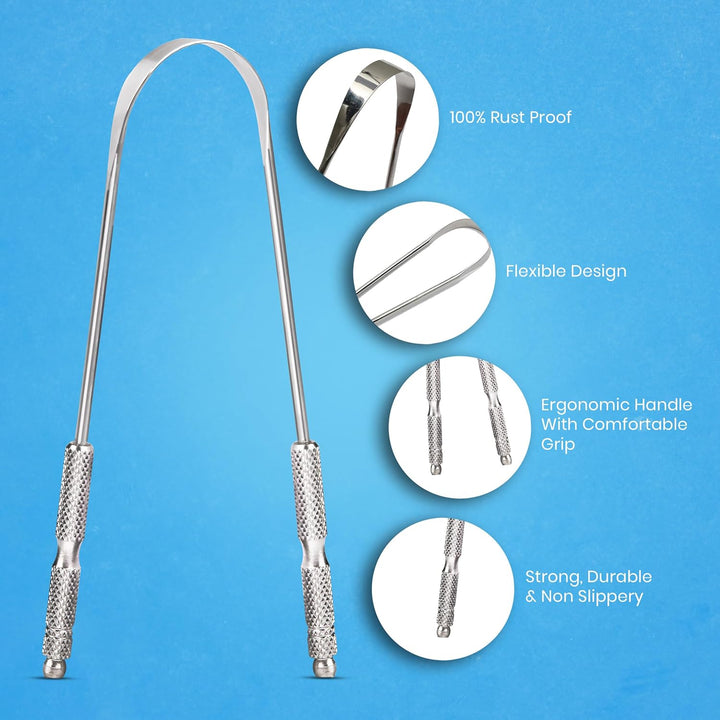 Tongue Scraper for Adults by  (2Pcs Oral Care Pack) Stainless Steel Tongue Cleaners Reduce Bad Breath 100% Metal Tough Scrapers Men and Women Hygiene Product