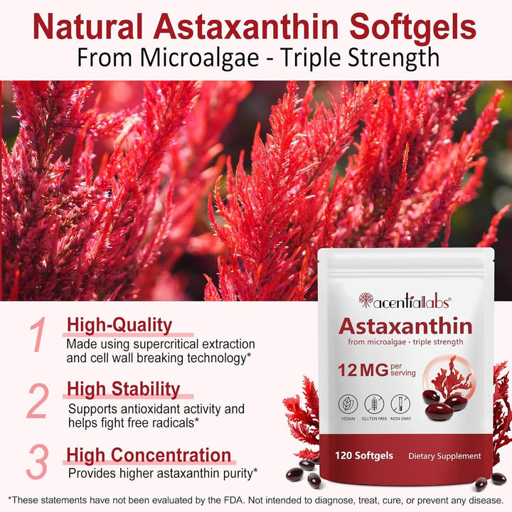 Astaxanthin 12Mg Supplements, 120 Softgels Premium Astaxanthin Antioxidant Supplements Supports Eye, Joint, Internal Circulation, Skin Health & Natural Tanning, Fresh Microalgae Source