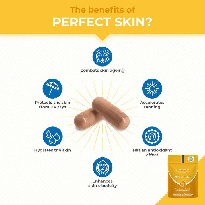 PERFECT SKIN - Tanning Accelerator Tablets - Natural Sun Protector - Bronzed Glow - 60 Vegan Capsules - Beta Carotene and Burdock - French Expertise - Nutrimea