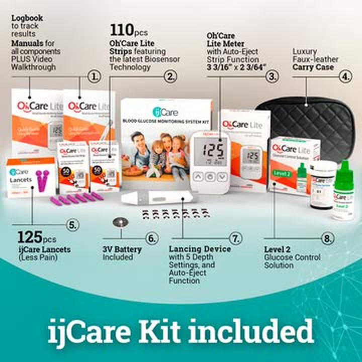 Oh 'Care Lite Diabetes Testing Starter Kit - Oh 'Care Lite Meter, 100 Oh 'Care Lite Blood Glucose Test Strips, 100 Lancets 30G, Lancing Aid, Control Solution, Operating Guide, Logbook & Carry Case