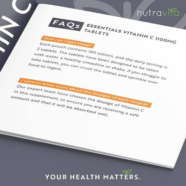 Vitamin C Tablets 1100Mg – 180 Premium Vegan and Vegetarian Tablets – 3 Month Supply - High Strength Ascorbic Acid - Vitamin C for the Immune System - Letterbox Friendly - Made in the UK by