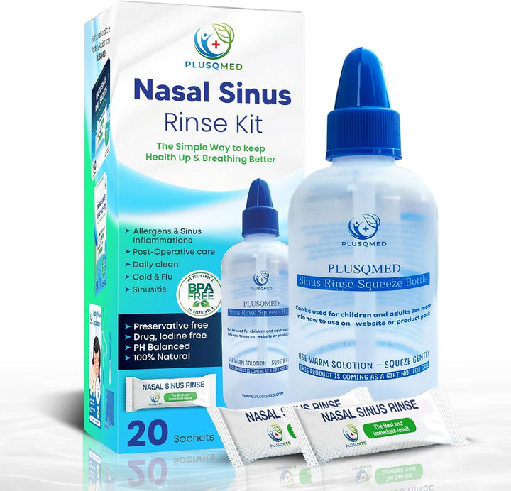 Sinus Rinse Kit, Squeeze Bottle, Neti Pot,+20 Salt Sachets, Original ,Nasal Wash, Sinus Rinse, Adults, Children, Nose Shower for Nose Cleaning and Nasal Flushing,