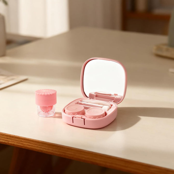 5-In-1 Pink Contact Lens Kit with Cleaner, Mirror, Tweezers, Case & Solution Bottle – Portable Travel Set for Outdoor Daily Wear