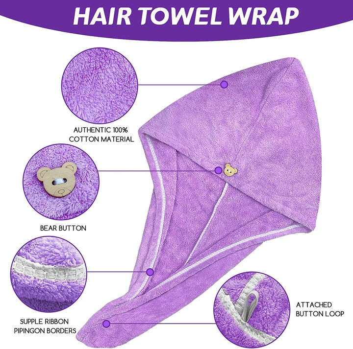 3 Pack Hair Towel Wrap, Microfibre Wrap Hair Towel with Button Super Quick Absorbent Anti-Frizz Fast Dry Hair Caps Twist Turban for Girls and Women and Best for Long, Wet, Thick Hair