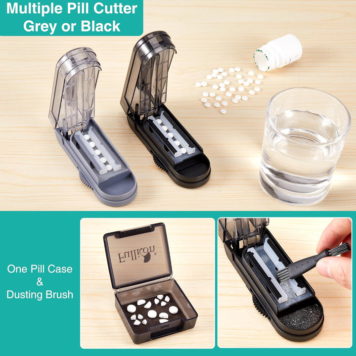 Multiple Pill Cutter, Adjustable Pill Cutter for Small Pills with Accurate Pill Alignment, Stainless Steel Cutting Blade & Blade Guard, Pill Splitter with Free Brush & Pill Box (Black)