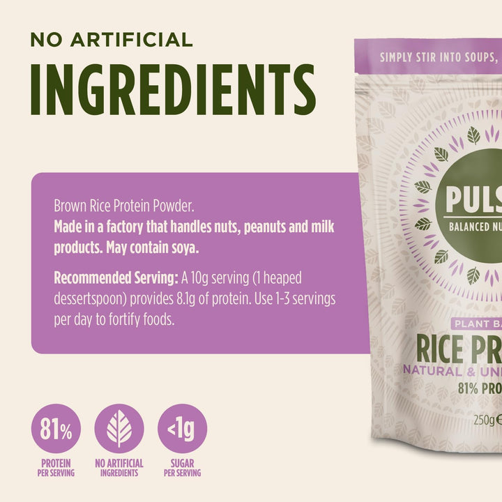 - Natural & Unflavoured Vegan Rice Protein Powder - 250G - 8.1G Protein, 0.4G Carbs, 43 Kcal per Serving - Low Carb, Gluten Free, Plant Based, Palm Oil Free & Dairy Free