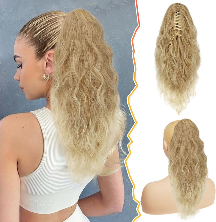 Ponytail Extension, Black Hair Claw Clip in Extensions Long Curly Wavy Hairpieces Drawstring for Natural Soft Synthetic Daily Use Party (18'', Black), 18 Inch