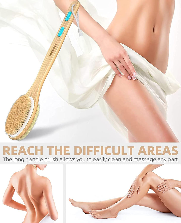 Back Scrubber for Shower, Shower Brush for Exfoliating Skin and a Soft Scrub, Double-Sided Body Brush Head for Wet or Dry Brushing, Long Wooden Handle Cleans the Body Easily
