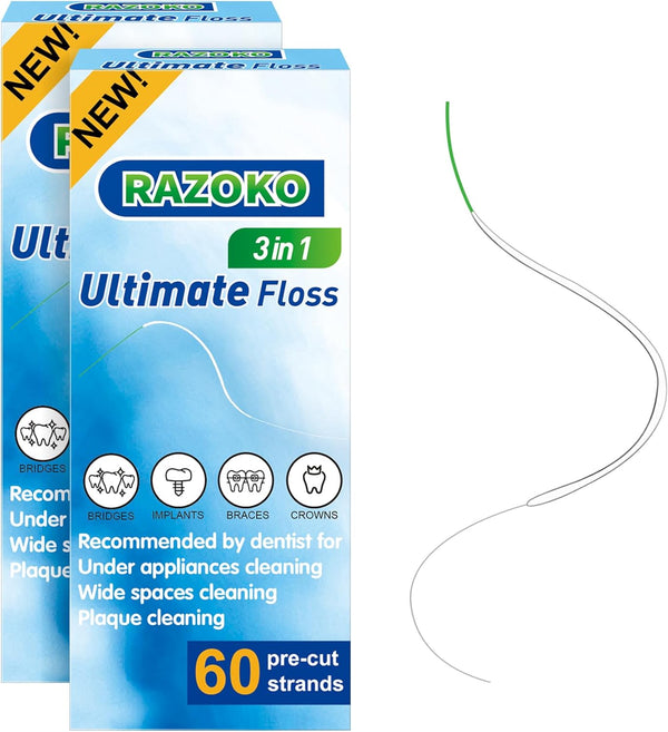 Dental Floss for Braces, Super Floss Pre-Cut Strands,60 Count, Pack of 2