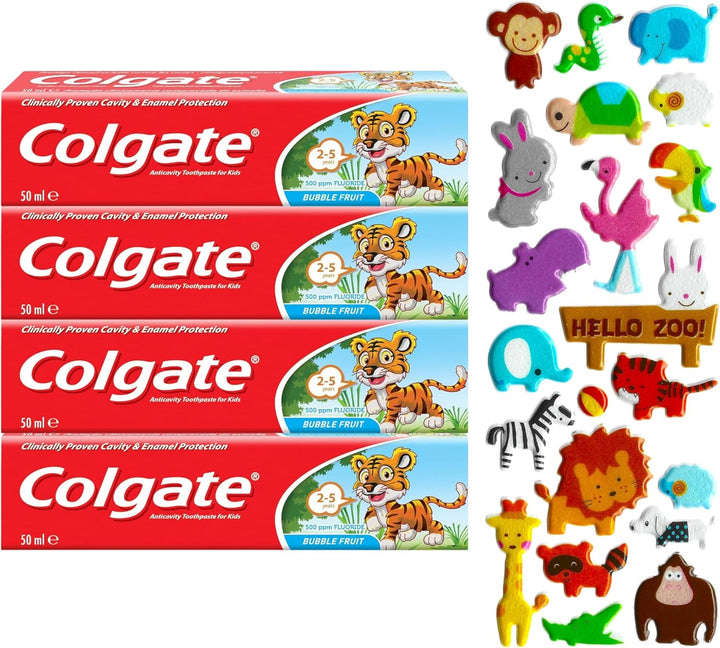 4 Pack Bundle - Colgate Kids Bubble Fruit Toothpaste, 4 X 50Ml, Ages 2-5 Years (Packaging May Vary). a  Bundle with Our Complimentary Puffy Sticker Sheet (Sticker Design Picked at Random)