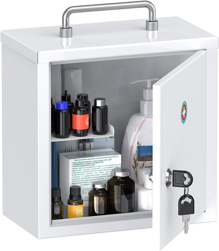 Wall Mount Medicine Cabinet with Combination Lock & Handle Locking First Aid Lockable Medical Safe Storage Box Medium Medicine Organizer Secure Steel Wall Cabinet Metal Storage Box